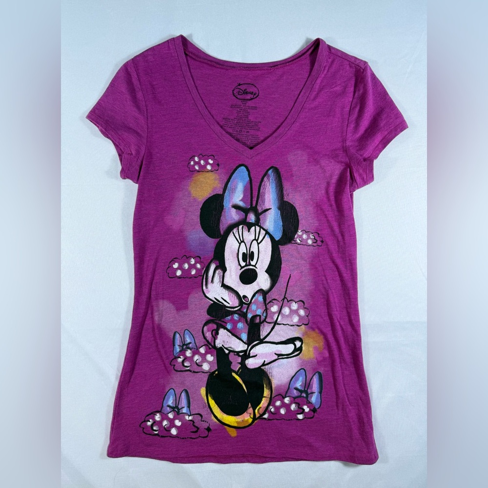 Disney Minnie Mouse V-Neck T-Shirt Purple Women's Size Medium M‎ Heart Tee Cute